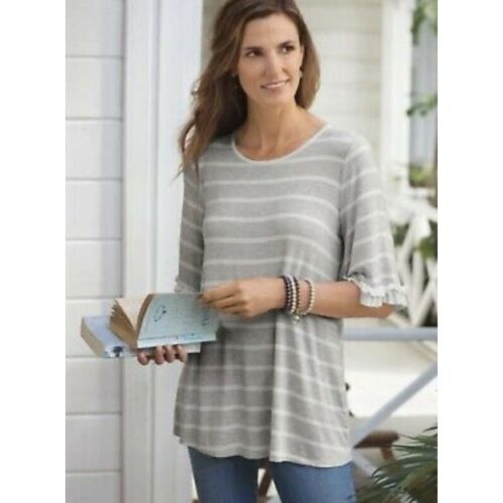 Soft Surroundings S gray striped tunic with ruffled sleeves